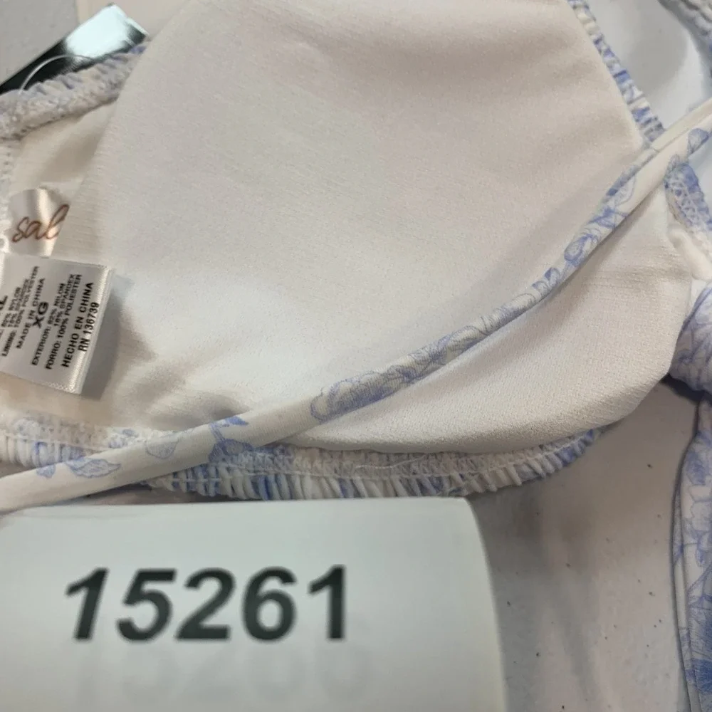 Salt & Cove Junior's Swim Bikini Top XL Toile Blue Floral Smocked Bow Cornflower
